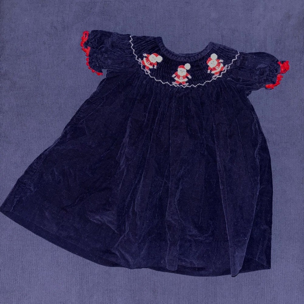 Smocked Navy Blue Corduroy Dress with Red Accents
